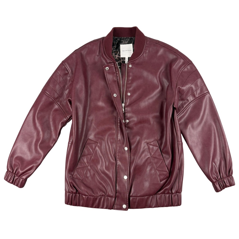 Avec Les Filles Bomber Jacket Womens S Burgundy Faux Leather Animal Print Lining